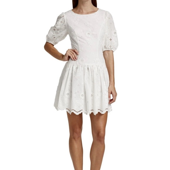 marchesa white short dress Marchesa Notte Women's White Off-Shoulder Floral Fil-Coupe Mini Dress Size 4